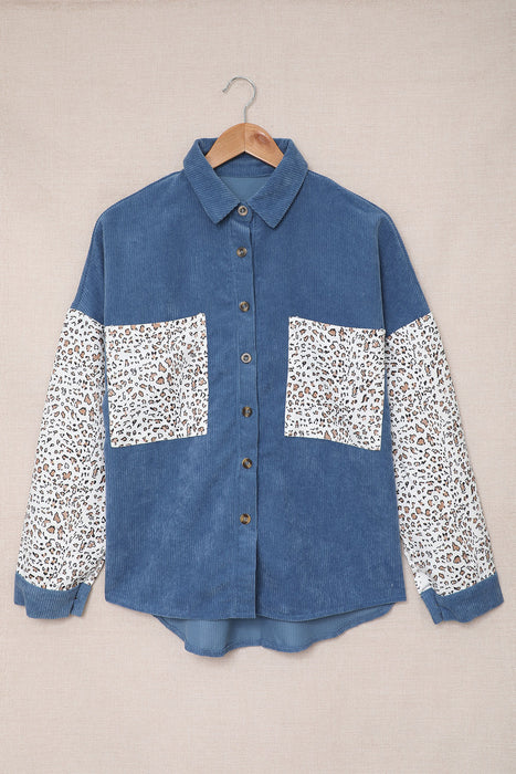 Cotton Linen Pocket Decorative Shirt Women Leopard Print Long Sleeve Loose Mid Length Shirt