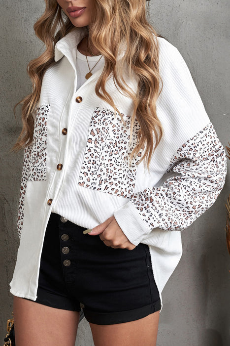 Cotton Linen Pocket Decorative Shirt Women Leopard Print Long Sleeve Loose Mid Length Shirt