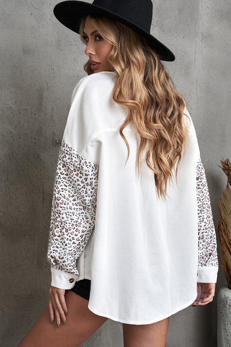 Cotton Linen Pocket Decorative Shirt Women Leopard Print Long Sleeve Loose Mid Length Shirt