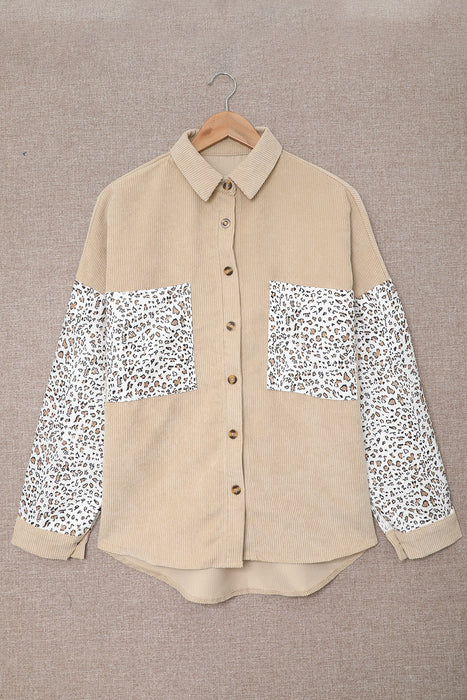 Cotton Linen Pocket Decorative Shirt Women Leopard Print Long Sleeve Loose Mid Length Shirt