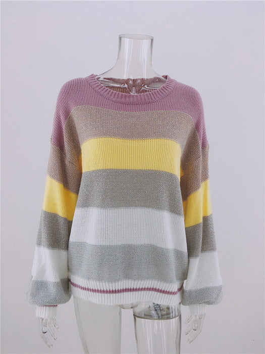 Autumn Winter Striped Striped Sweater Women Knitted Crew Neck Pullover Sweater Women