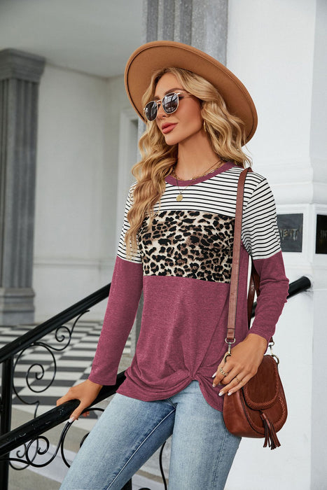 Autumn Winter round Neck Leopard Stripe Stitching Twist Loose Long Sleeve T shirt Women