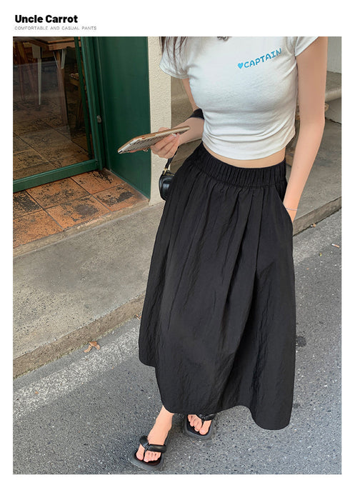 High Waist Skirt Women Summer Texture Wrinkle Idle Umbrella Skirt Small over the Knee Large Swing Dress