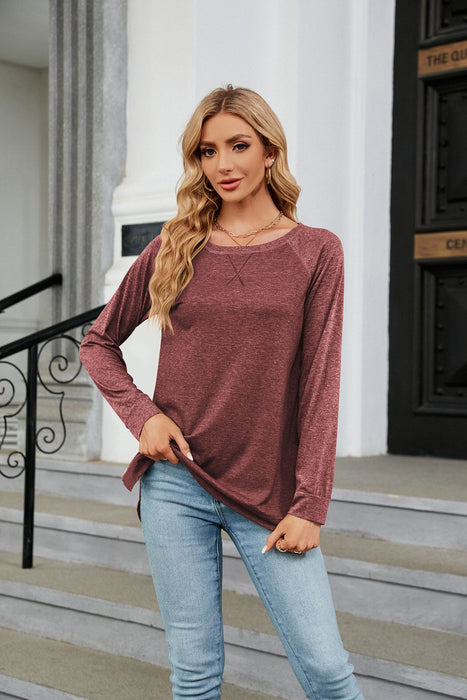 Autumn Winter round Neck Contrast Color Loose Long-Sleeved T-shirt Split Top Women