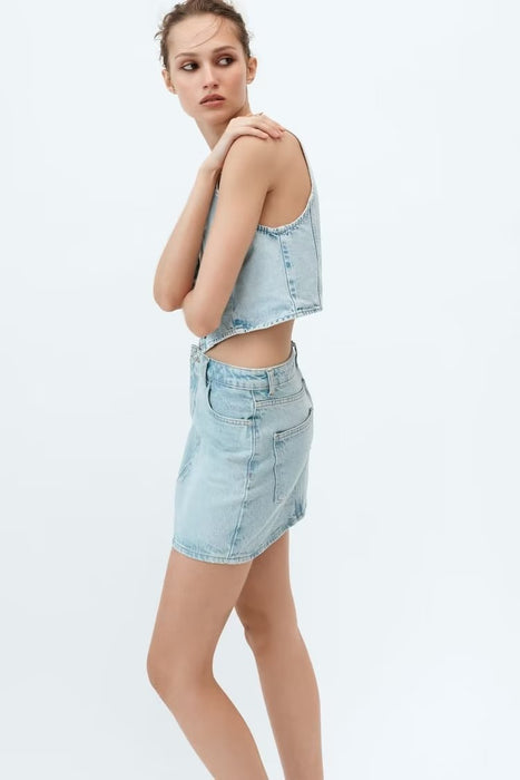 Summer Women  Clothing Sleeveless V neck Denim Jacket High Waist Mini Skirt