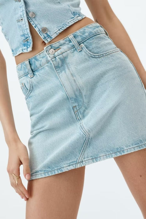 Summer Women  Clothing Sleeveless V neck Denim Jacket High Waist Mini Skirt