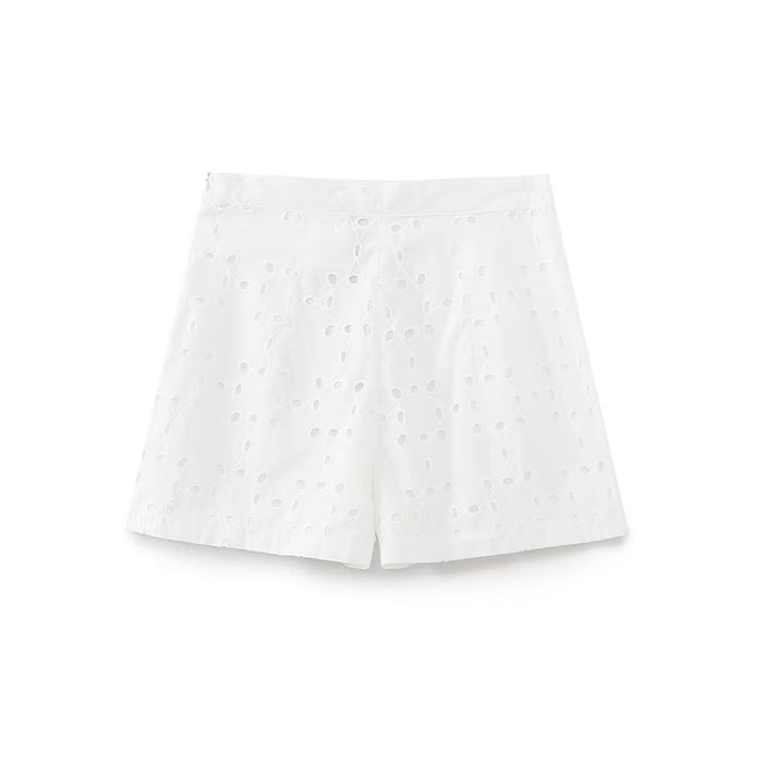 Summer Women  High Waist Embroidered Hollow Out Cutout Design Casual Shorts