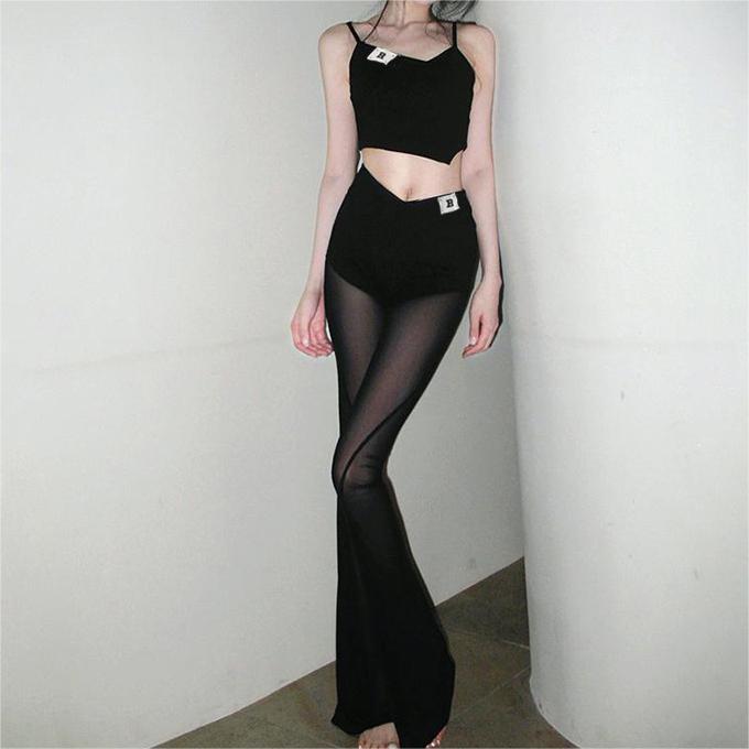 Sexy Solid Color Mesh Stitching Small Sling Trousers Suit Two Piece Women Clothing Summer