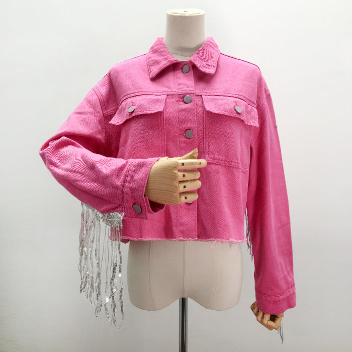 Popular Sequ Tassel Jacket Autumn Winter Washed Frayed Hem Rhinestone Five Pointed Star Coat