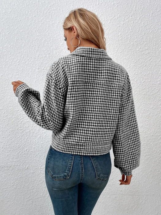 Autumn Winter Women Coat Collared Single Breasted Houndstooth Jacquard Jacket Office Coat Women