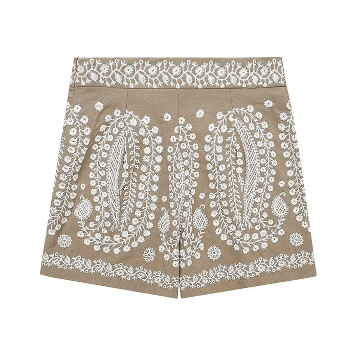 Summer Women  Clothing Street Casual Linen Embroidery Shorts