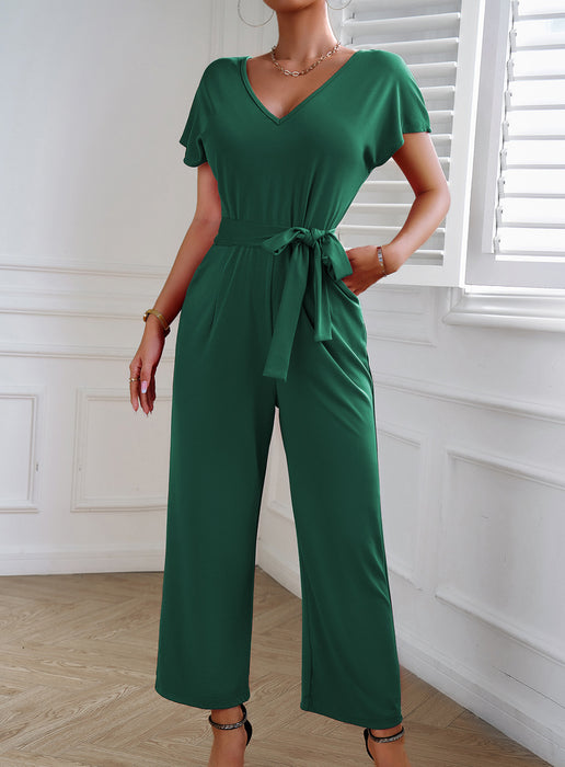 Solid Color Jumpsuit Women Summer Short Sleeve V neck Jumpsuit