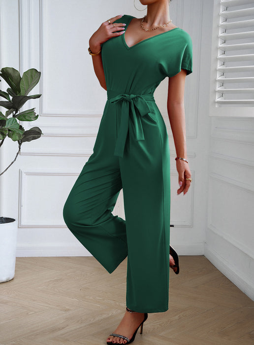 Solid Color Jumpsuit Women Summer Short Sleeve V neck Jumpsuit