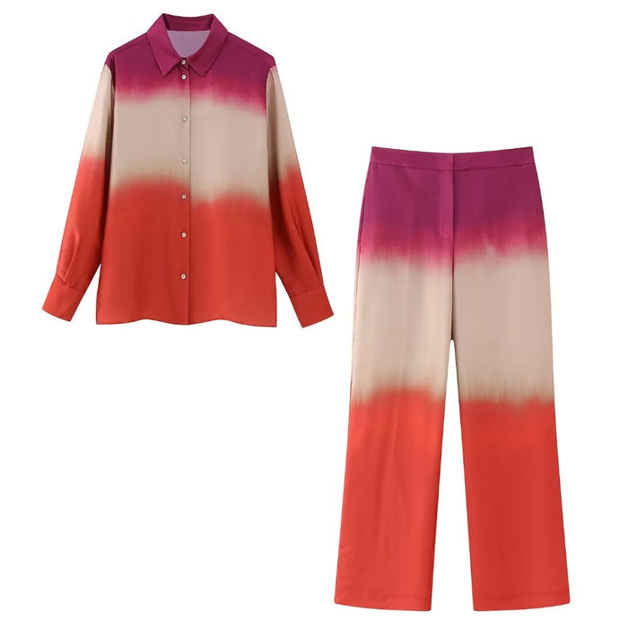 Summer Women  Clothing Tie Dye Printed Shirt Mid Waist Straight Trousers