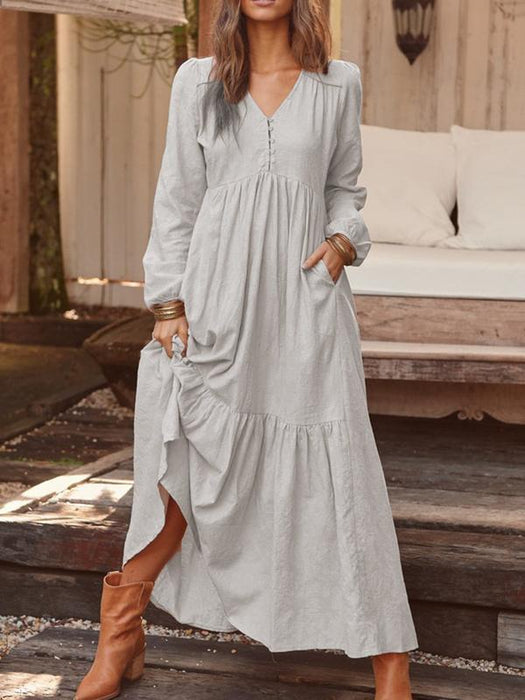 Autumn Winter   Women  Clothing Button Cotton Linen Retro Casual Long-Sleeved Dress Large Swing Dress Multi-Color