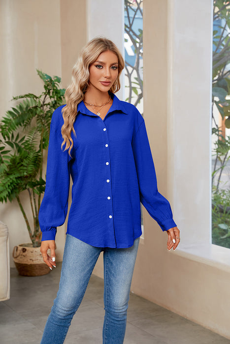 Women V Neck Button Down Shirt Solid Color Bubble Wrinkle Loose Long Sleeve Shirt Top