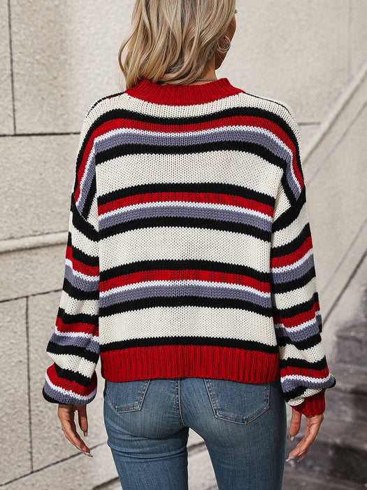 Autumn Winter Stitching Knitwear Loose Color Round Neck Striped Sweater Women