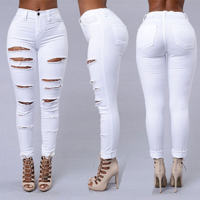 Women High Waist Summer Jeans Stretch Ripped Ankle Tied Denim Skinny Ankle Length Pants Women