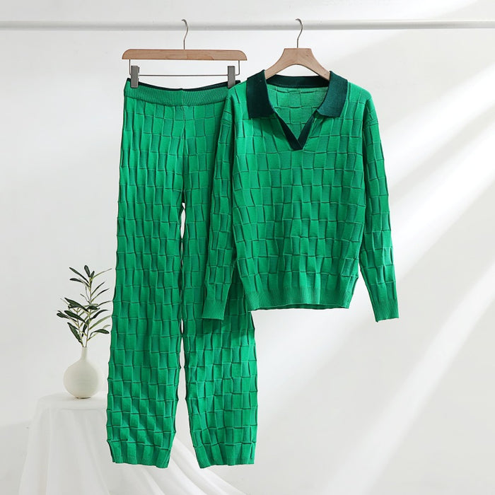 Fashionable Knitted Woven Suit Spring Autumn Korean Half Open Collar Pullover Top Trousers Women Two Piece Suit