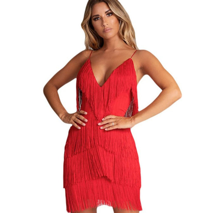 New  Sexy Tassel Stitching Backless Dress Deep V-neck Dress