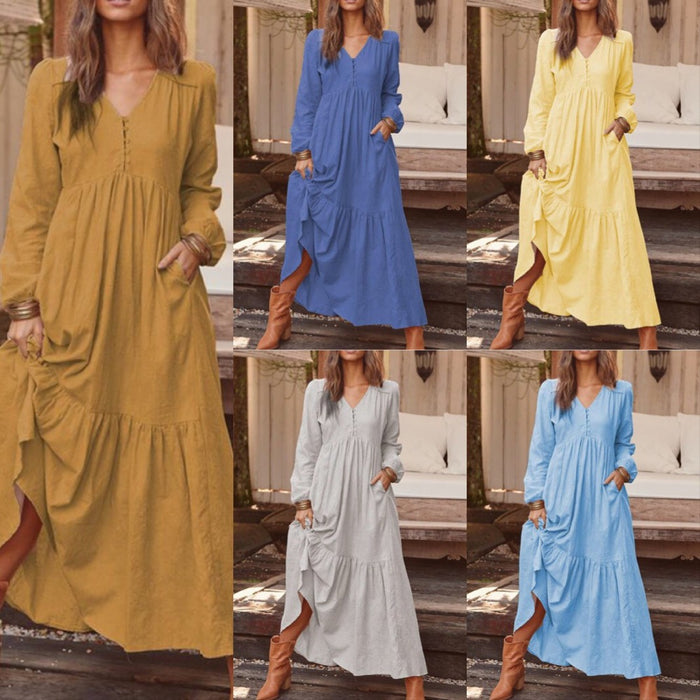 Autumn Winter   Women  Clothing Button Cotton Linen Retro Casual Long-Sleeved Dress Large Swing Dress Multi-Color