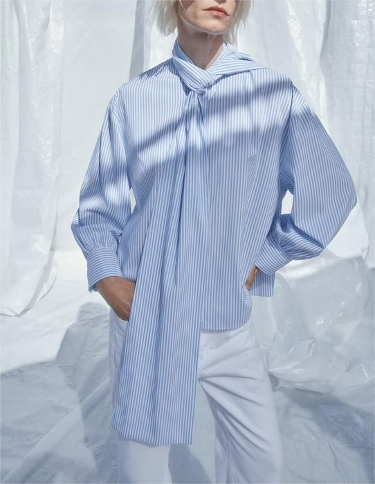 Blue Striped Shirt Women Spring Summer Niche Loose Ribbon Shirt