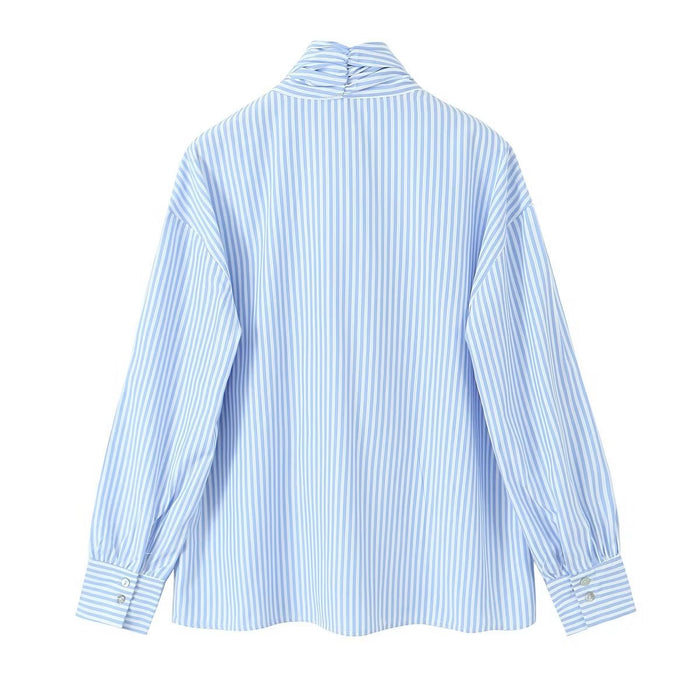 Blue Striped Shirt Women Spring Summer Niche Loose Ribbon Shirt