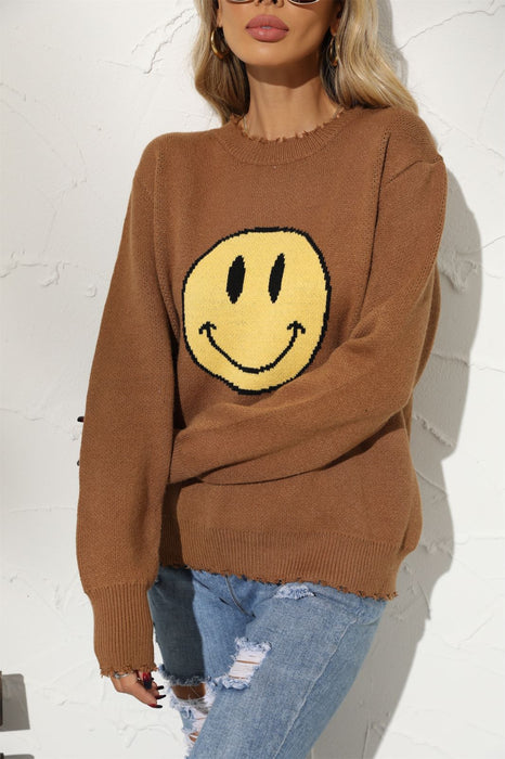 Office Cotton round Neck Loose Smiley Knitted Pullover European Women Sweater