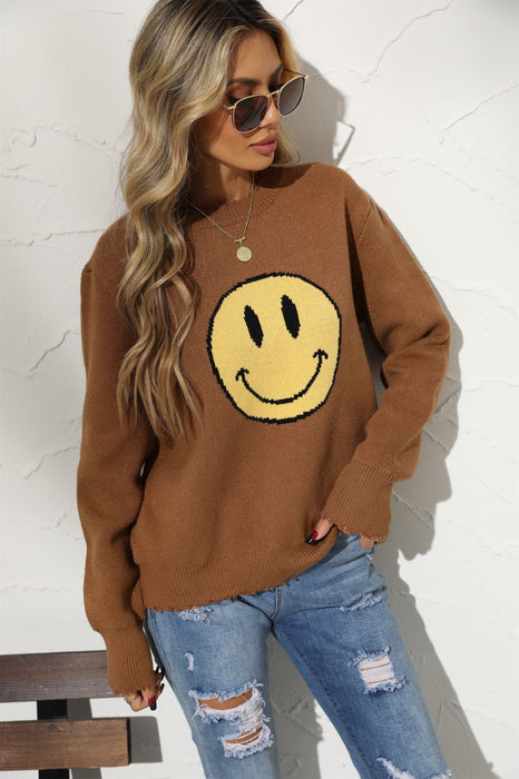 Office Cotton round Neck Loose Smiley Knitted Pullover European Women Sweater