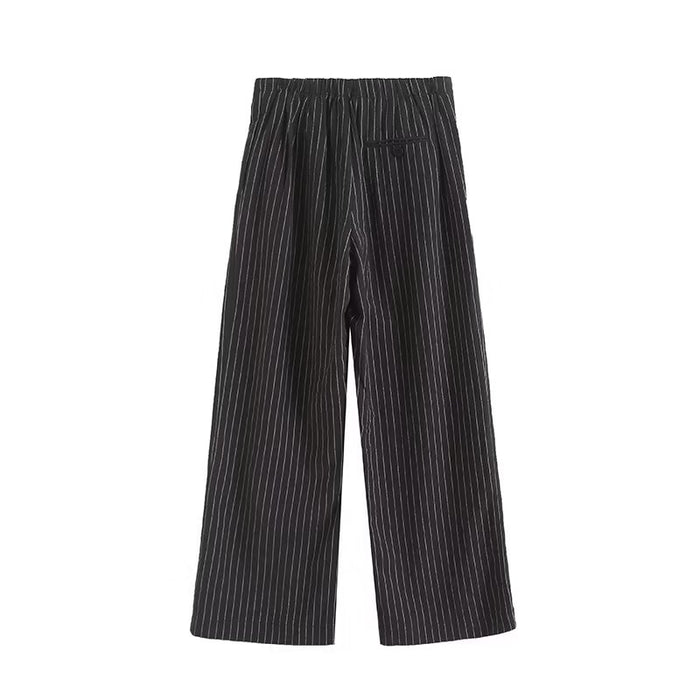 Summer Women All Match Ptripe Pleated Elastic Waist Straight Casual Lazy Trousers