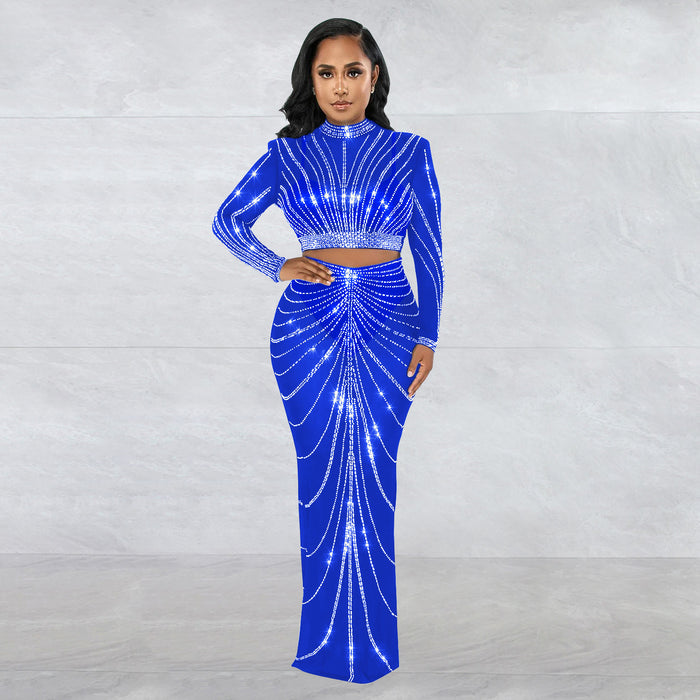 Women Wear Mesh Drilling See through Long Sleeve Dress Two Piece Set