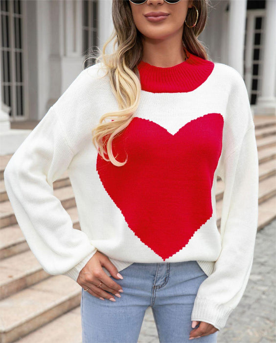 Autumn Winter Big Love Valentine Day Peach Heart Sweater round Neck Knitted Pullover Sweater Women