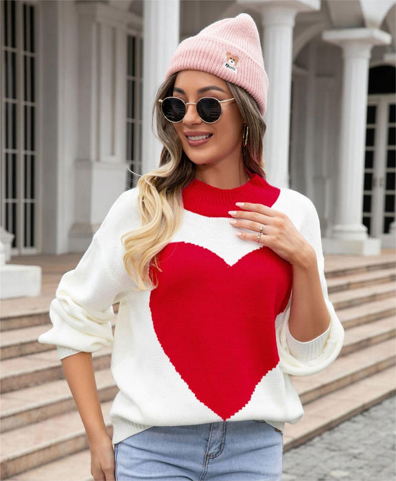 Autumn Winter Big Love Valentine Day Peach Heart Sweater round Neck Knitted Pullover Sweater Women