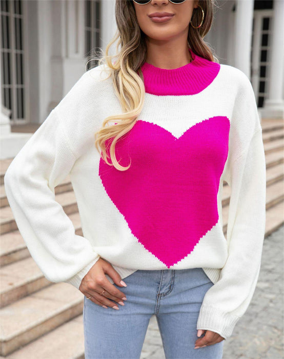 Autumn Winter Big Love Valentine Day Peach Heart Sweater round Neck Knitted Pullover Sweater Women