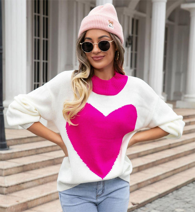 Autumn Winter Big Love Valentine Day Peach Heart Sweater round Neck Knitted Pullover Sweater Women