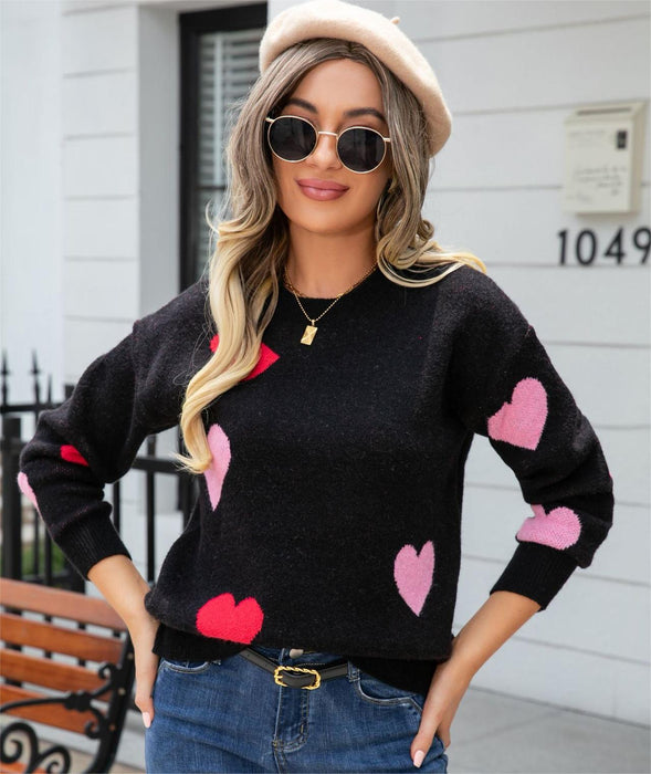 Autumn Winter Sweater Love Valentine Day Small Peach Heart Sweater round Neck Knitted Pullover Sweater Women