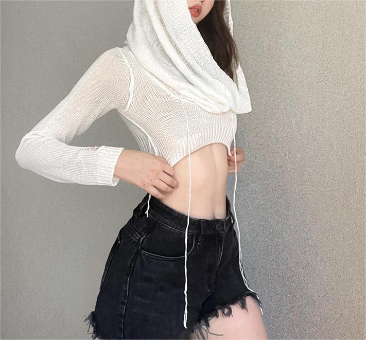 Autumn Women Clothing Hooded Long Sleeves Cropped Knitted T shirt