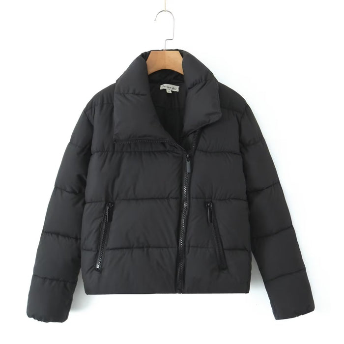 French Winter Clothing Turtleneck Zipper Warm Quilted Jacket Women Short Sheepskin Coat