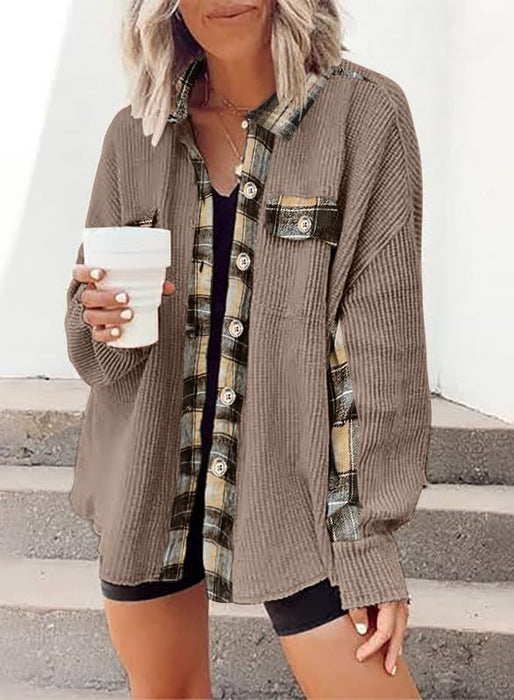 Women Autumn Winter Casual Waffle Knitted Jacket Loose Plaid