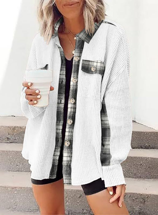 Women Autumn Winter Casual Waffle Knitted Jacket Loose Plaid