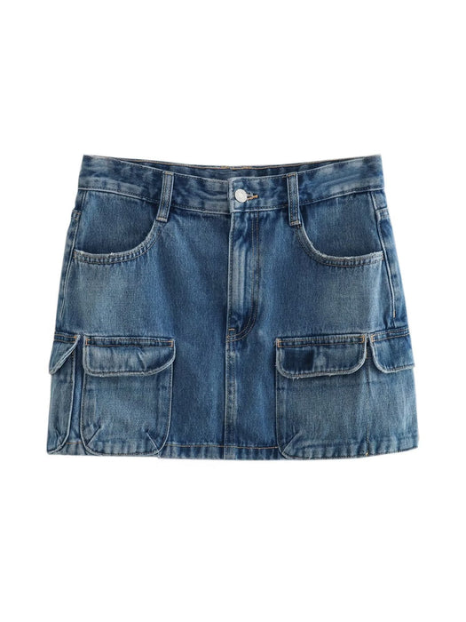 Summer Women Clothing Air Outlet Pocket Decoration High Waist Overalls Denim Skirt