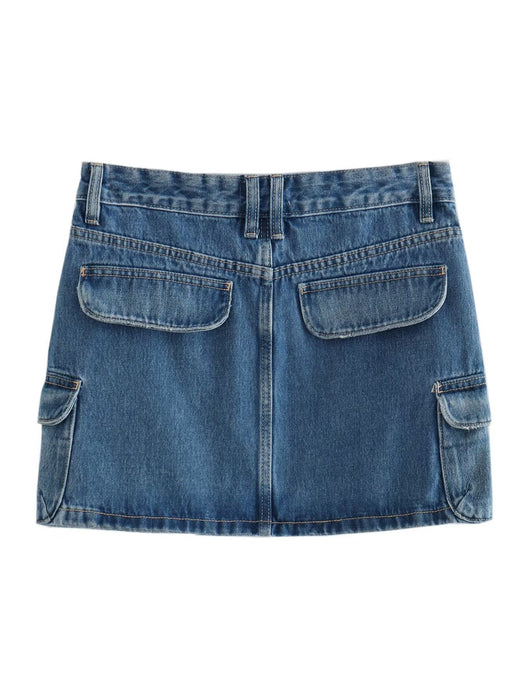 Summer Women Clothing Air Outlet Pocket Decoration High Waist Overalls Denim Skirt