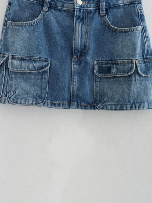 Summer Women Clothing Air Outlet Pocket Decoration High Waist Overalls Denim Skirt