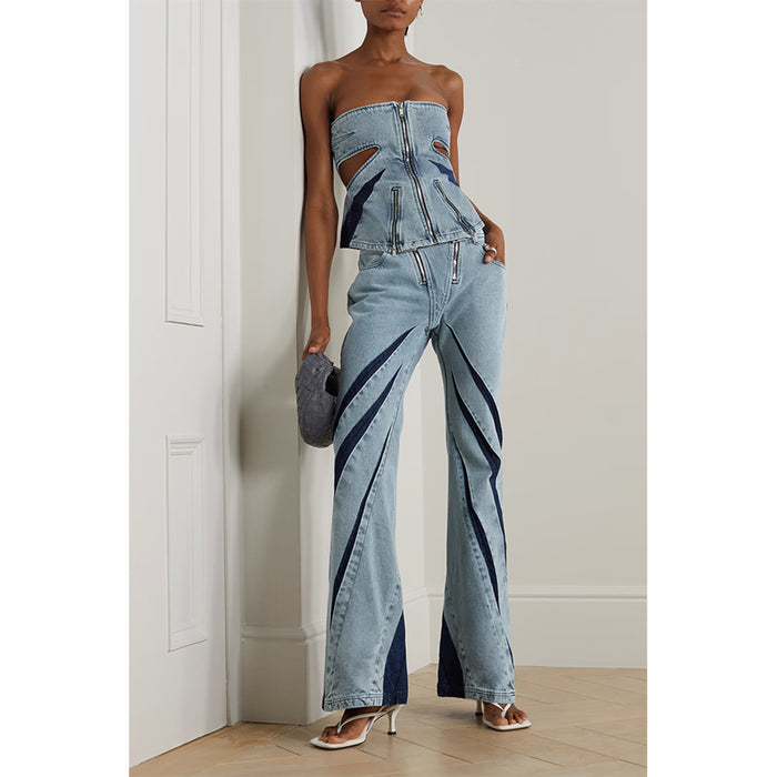 Denim Suit Women  Color Contrast Patchwork Tube Top Three Dimensional Split Double Zipper Stitching Elastic Washed Jeans Two Piece Set