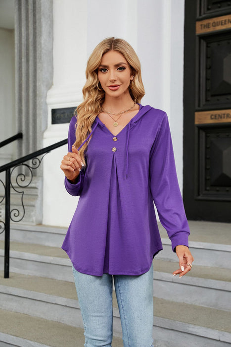 Autumn Winter Solid Color V neck Button Hooded Loose Long Sleeves Sweater Women