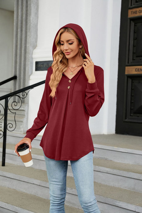 Autumn Winter Solid Color V neck Button Hooded Loose Long Sleeves Sweater Women