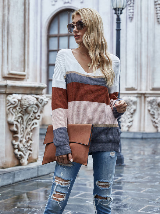 Autumn Winter Striped Striped Sweater Women Knitted V Neck Pullover Sweater Women