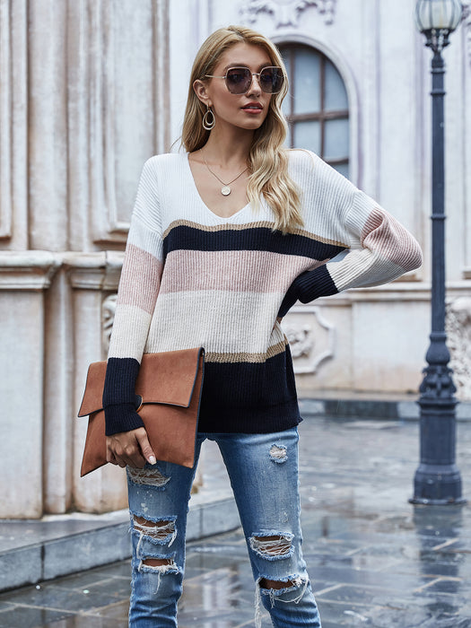 Autumn Winter Striped Striped Sweater Women Knitted V Neck Pullover Sweater Women