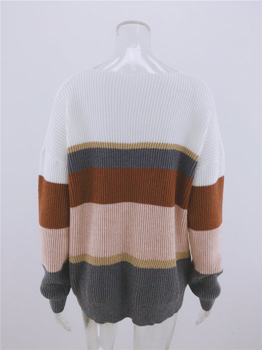 Autumn Winter Striped Striped Sweater Women Knitted V Neck Pullover Sweater Women