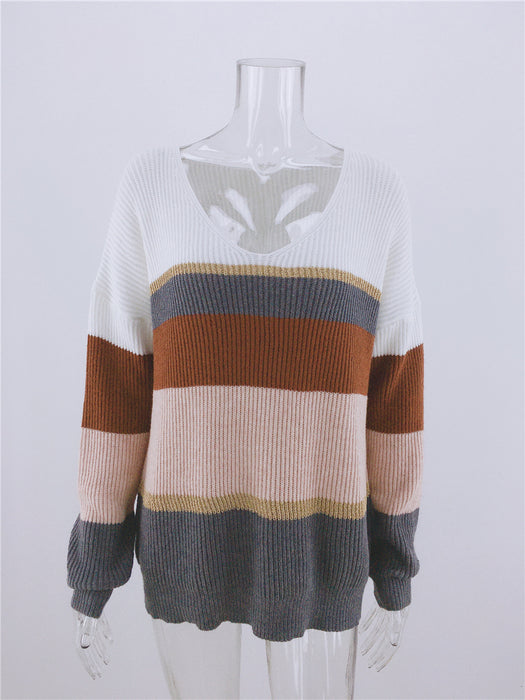 Autumn Winter Striped Striped Sweater Women Knitted V Neck Pullover Sweater Women